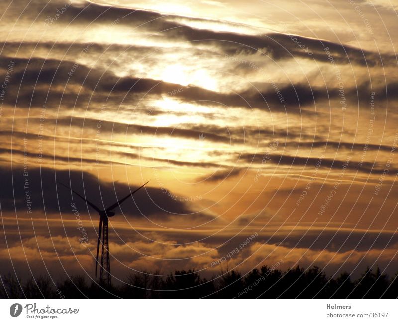 Wind and sun Sunset Clouds Dusk Wind energy plant Renewable energy