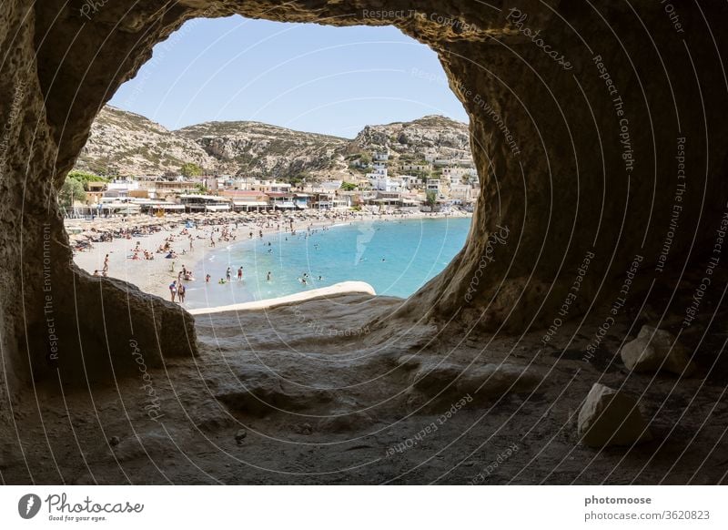 View from a former cave dwelling of the hippie movement in Matala, Crete. Vacation & Travel Greece Idyll Tourism Summer Summer vacation Card Ocean