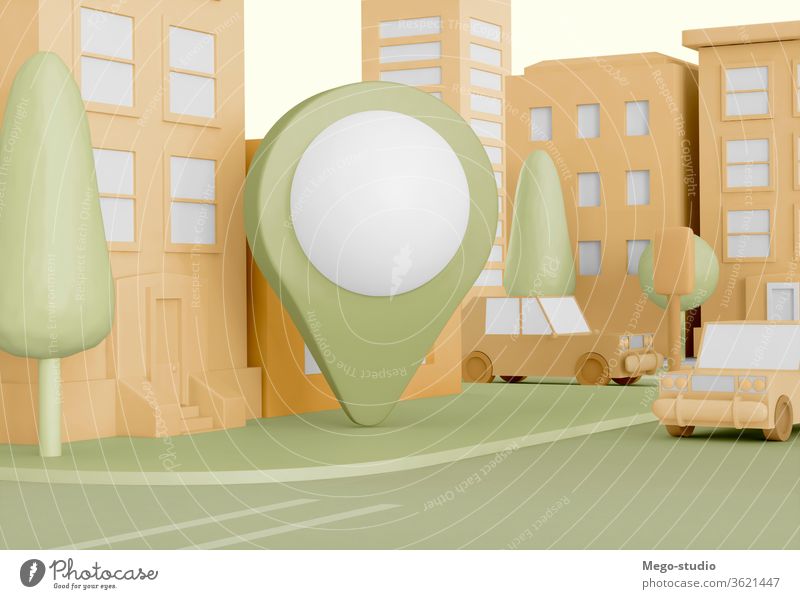3D Illustration. Cartoon city with map pointer on street. 3d illustration location rendering address geolocation device information system element navigator tag