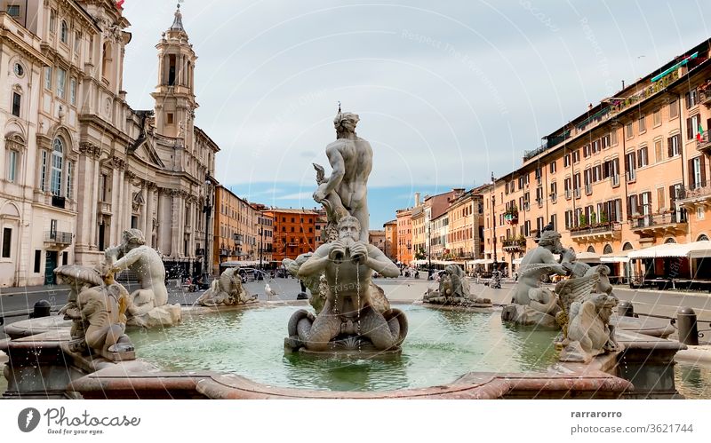 Fontana del Moro (Moor Fountain) is a fountain located in Piazza Navona in Rome. It represents a Moor standing in a conch shell, wrestling with a dolphin, surrounded by four Tritons.