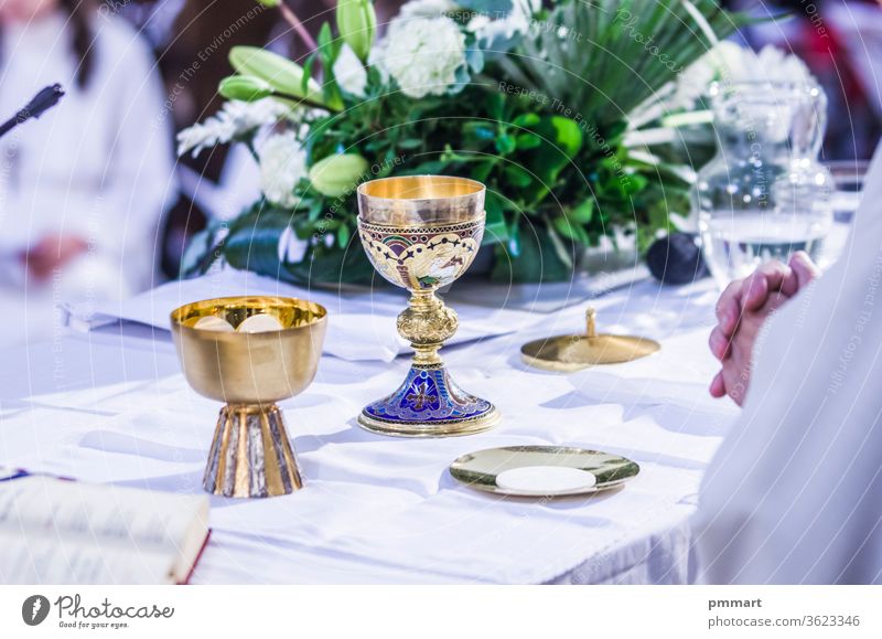 altar with host and chalice with wine in the churches of the pope of rome, francesco cup cross christianity gold sacred mass pyx goblet contain hosts blood body