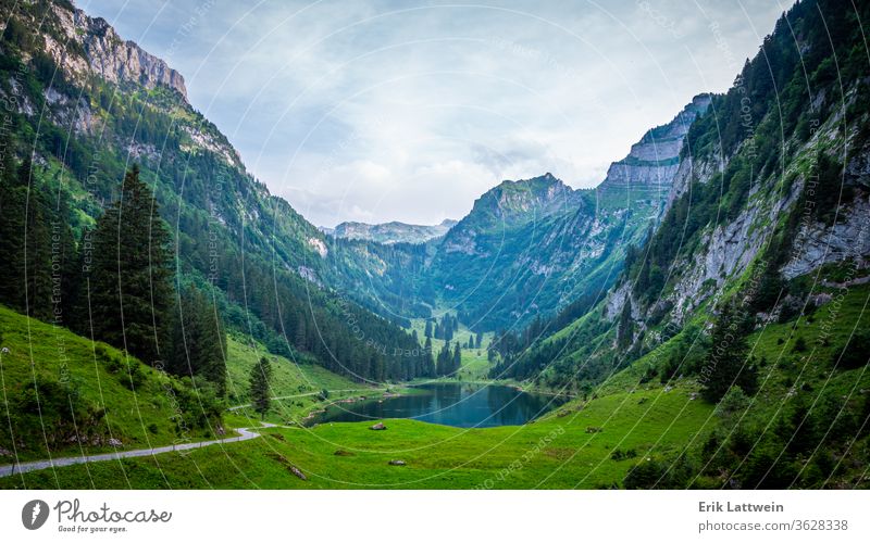 Beautiful mountain lake in the Swiss Alps - very romantic Nature aerial photography Switzerland travel view alps cloud landscape high horizon idyllic journey