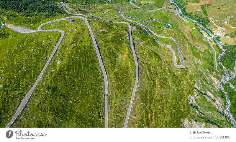 Famous Furkapass in the Swiss Alps - Switzerland from above Nature aerial photography travel view alps cloud landscape high horizon idyllic journey natural