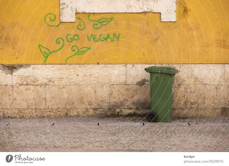 go vegan. Graffiti on a house wall. Go vegan, against animal husbandry and cruelty. Healthy food. Vegan diet invitation Plant symbols off green Yellow Gray