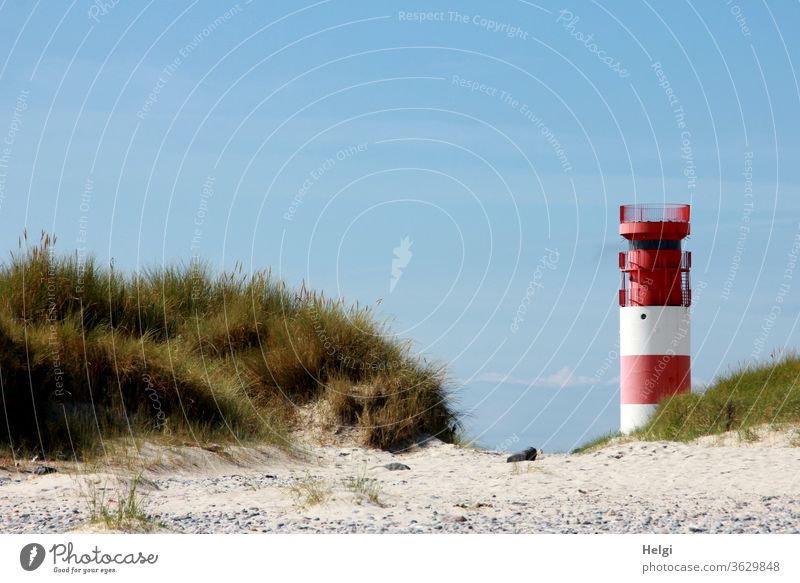 red-white lighthouse stands in front of blue sky at the edge of the dune of Helgoland Lighthouse Manmade structures Architecture Sand Island North Sea