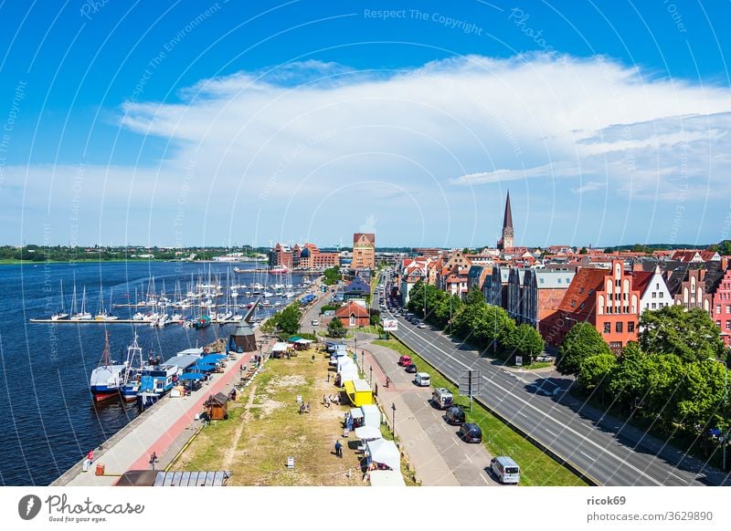 View of the city harbour of the Hanseatic City of Rostock Town River Warnov Mecklenburg-Western Pomerania Architecture houses built Landmark Tourist Attraction