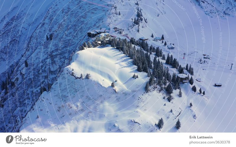 Flight over a snowy mountains in winter - wonderful Swiss Alps landscape cover beautiful scene forest alp background cold fairytale fir frost holiday ice