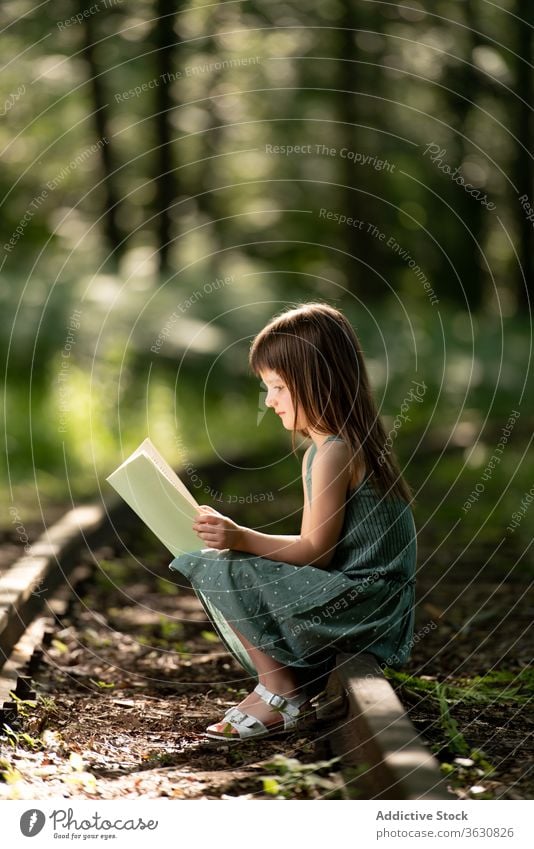 Girl reading book in park shock girl preteen story interesting garden little summer dress kid excited child adorable cute childhood forest focus concentrated