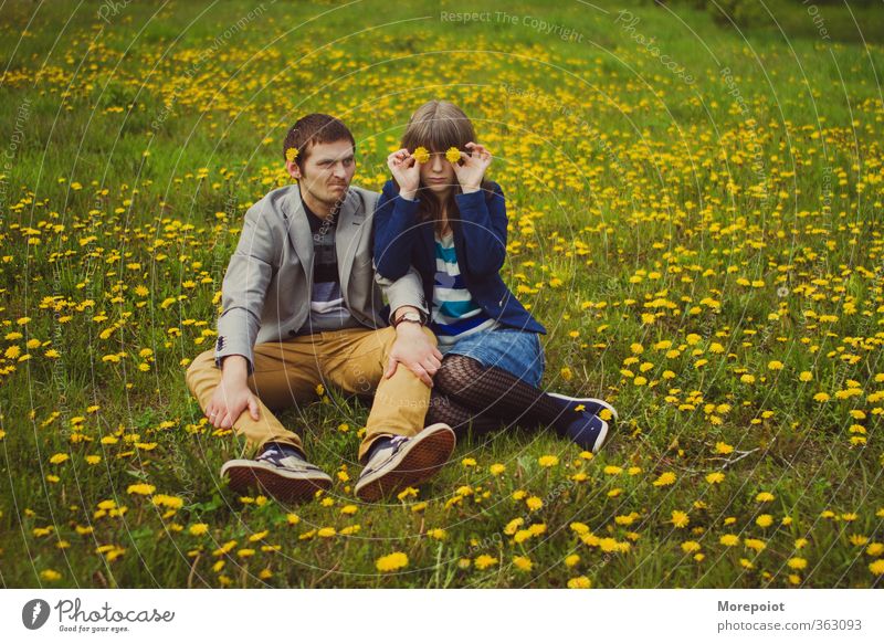 Dandelions Human being Young woman Youth (Young adults) Young man Adults Body 2 18 - 30 years Beautiful weather Lightning Flower Grass Park Field Looking Sit