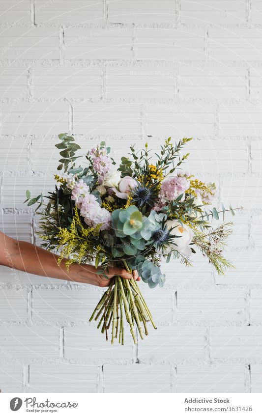 Woman holding bouquet of fresh flowers against white wall floristry decoration natural colorful various blossom hand bloom peony mimosa sea holly succulent