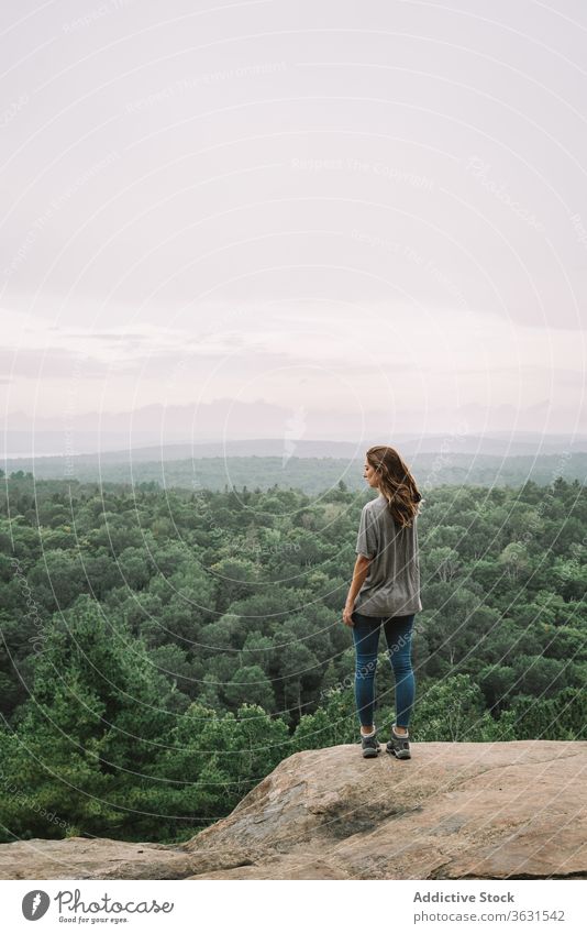 Relaxed woman enjoying view from mountain forest nature relax stand travel hike algonquin provincial park landscape lake river sunny admire tranquil harmony