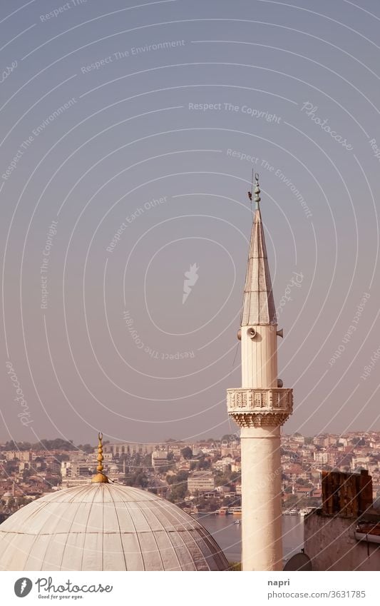 Dome and minaret of a mosque on the European side of Istanbul, with a bird clinging to its top. Minaret Mosque Islam Religion and faith Tower turkey