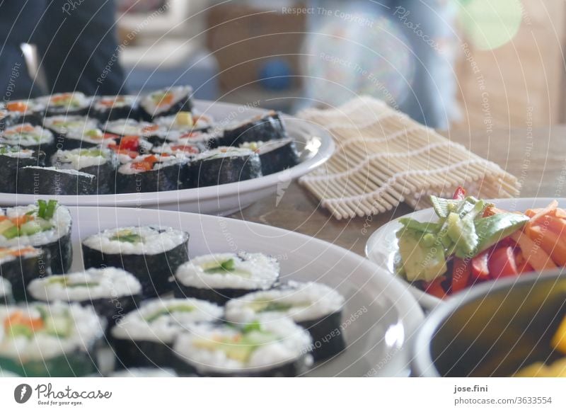 homemade vegetarian sushi with various vegetables and sushi mat in the background tribunal Cooking Sushi Self-made Nutrition Meal Asian Food Delicious Lunch