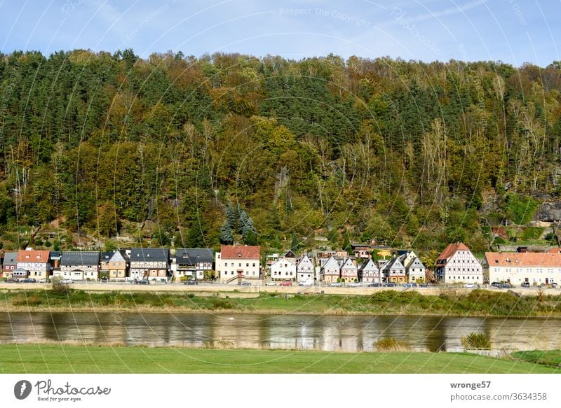 View over the Elbe to the district Postelwitz near Bad Schandau with the 7 brother houses Elbufer Postal joke Saxony Saxon Switzerland 7 Brothers Houses
