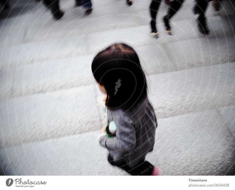 Little girl on busy stairs in Kyoto Girl Stairs Stone slab people Legs Footwear Feet Haste Going Japan Child