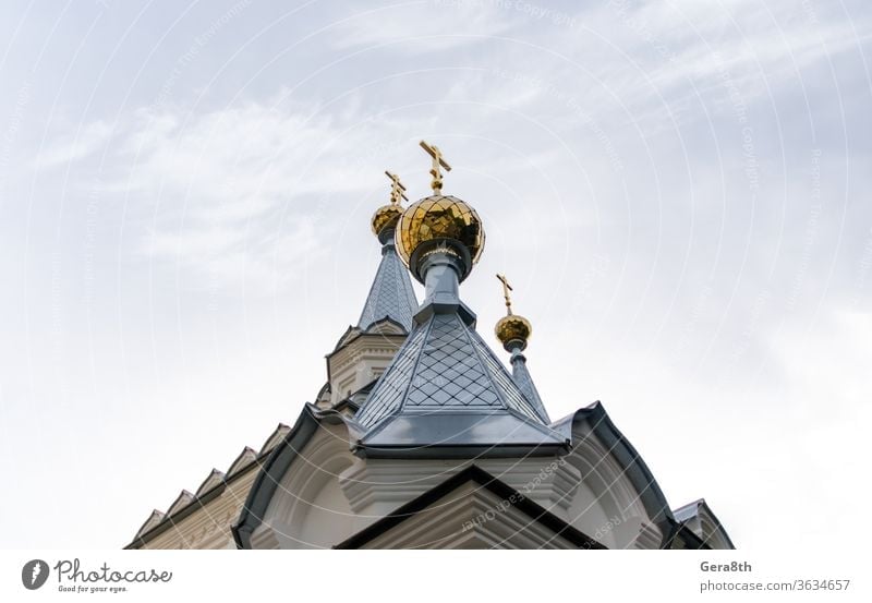 bottom view golden domes of christian church with crosses on blue sky background Ukraine architecture attraction authentic building city classic colored