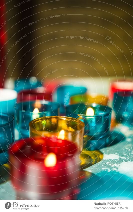 Candles in church Light red blue yellow Church Interior shot Religion and faith Christianity Hope Prayer Belief Colour photo Spirituality Church service God
