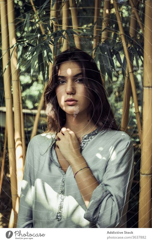 Tranquil woman in park with bamboo plants garden nature summer enjoy tranquil serene peaceful female calm charming idyllic harmony relax fresh recreation