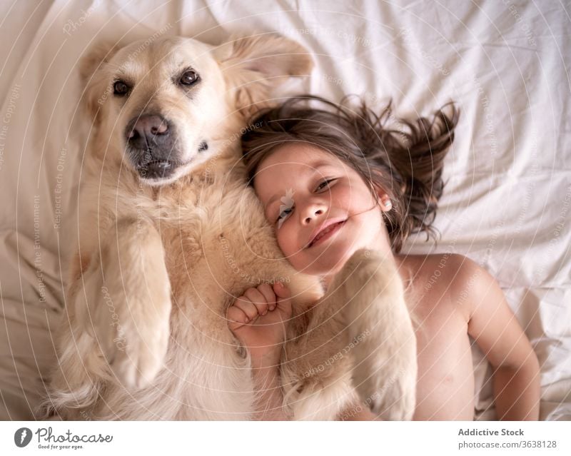 Happy girl lying with dog on crumpled bed sheet rest affection companion together idyllic home harmony hovawart pet mammal canine calm breed bedroom cozy