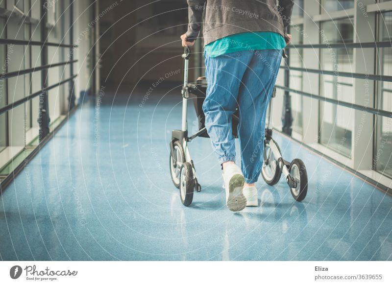 A woman with a walking disability walks along a hospital corridor with a walker walking impediment Rollator handicap Sick Old Hospital Corridor Health care