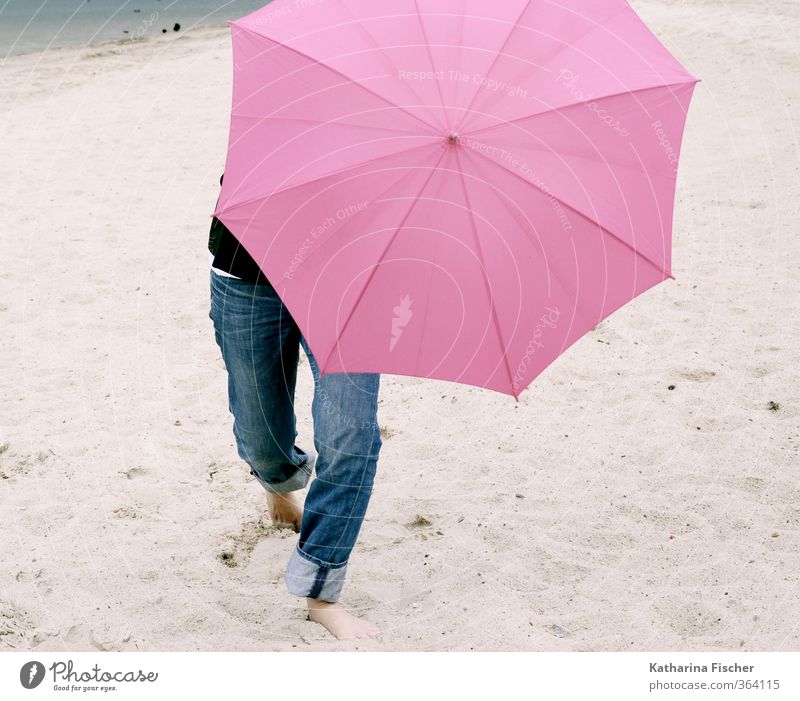Happy beginning of summer ..... Summer 1 Human being Elements Earth Sand Weather Bad weather Wind Blue Brown Gray Pink Black Umbrella Sunshade Legs Jeans Beach