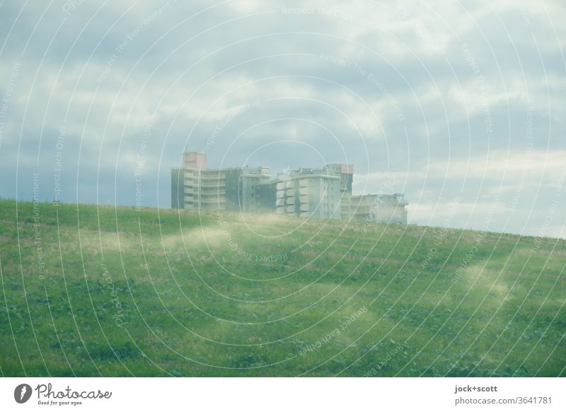 Suburban settlement and the clouds Double exposure Hill Tower block Sky Clouds Illusion Experimental Reaction Surrealism Fantasy Panorama (View) Exceptional