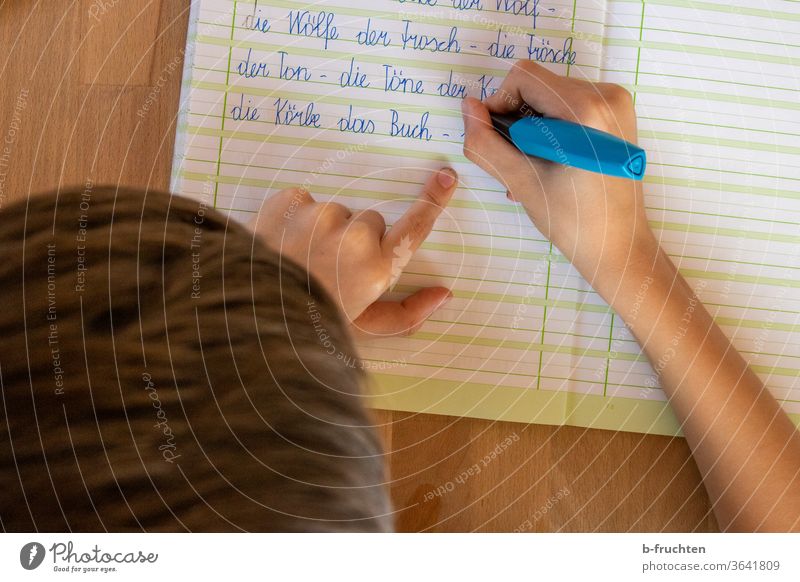 Child writes in the German booklet. Home exercises, school exercises Booklet Write Feather fountain pen Education Pen Homework Infancy Paper schuler Schoolchild