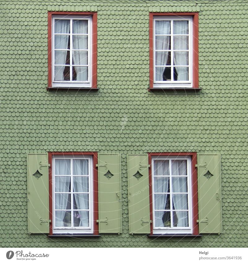 green shingle façade with windows and shutters | symmetry Facade House (Residential Structure) built shingles Window Deserted Exterior shot Architecture