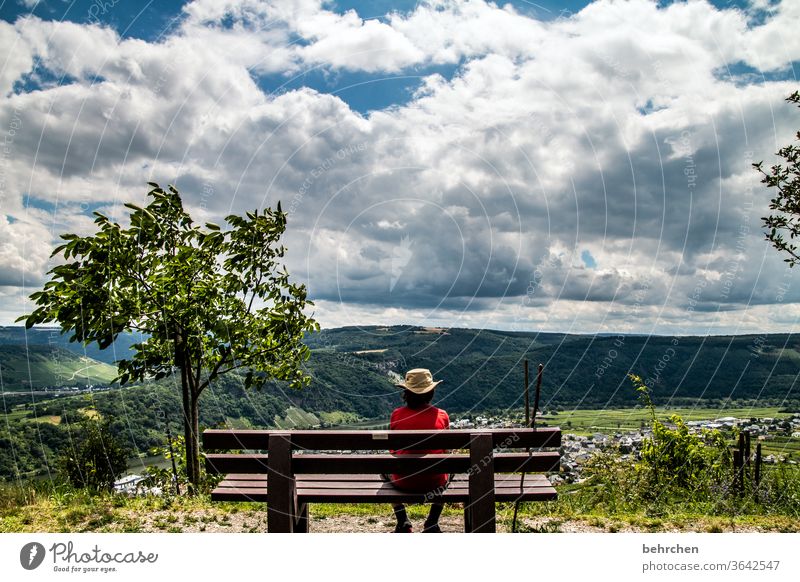 Look into the country hikers Mountain Environment Exterior shot Nature Summer Clouds Sky Son Hiking Landscape Adventure Vacation & Travel Colour photo Bench