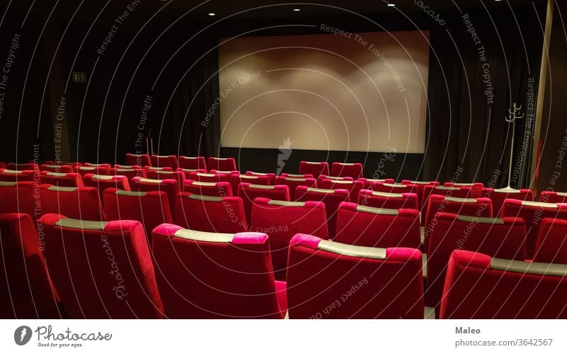 Empty cinema hall, cinema screen and row of red sits theater film auditorium empty seat movie audience chair interior show indoor nobody seating conference