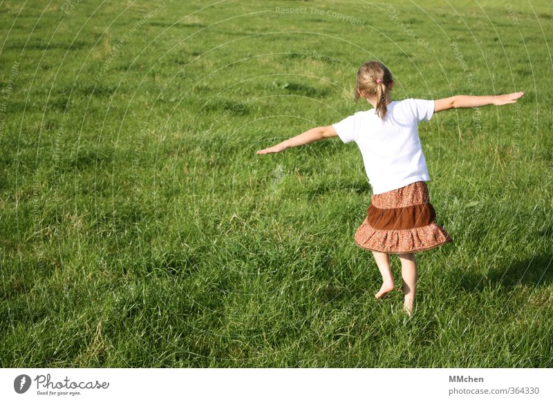 Dancing little girl on a green meadow Children's game Dance Girl 1 Human being 3 - 8 years Infancy Meadow Movement Flying Happy Green Joy Happiness Life