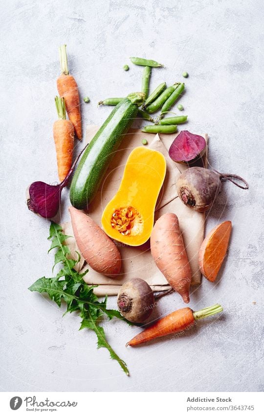 Fresh vegetables prepared for cooking. food season produce vegetarian healthy natural carrot above raw green ingredient butternut squash beetroot nature vegan