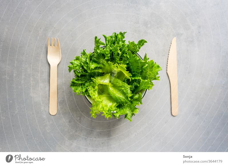 Fresh green salad in a bowl with wooden cutlery. Lettuce Vegetable Organic produce Interior shot Delicious Lunch Diet Healthy Colour photo Nutrition Fork Dinner