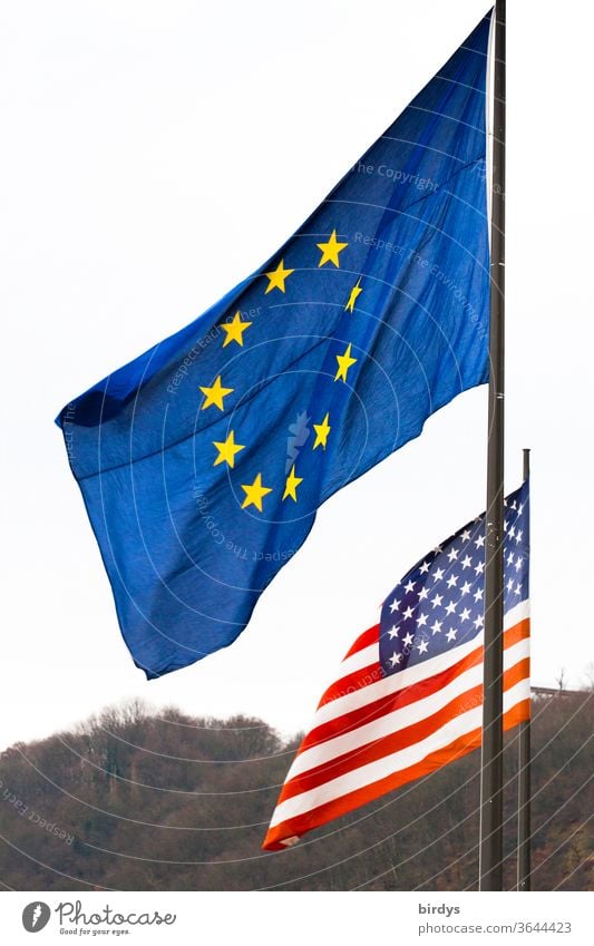Flag of the European Union against the flag of the United States of America EU USA Flags united states of america Identity Americas Wind Blow policy