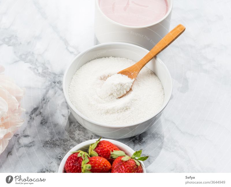 Collagen protein powder in bowl on marble collagen supplement yogurt food healthy beauty nutrition strawberry pink face collagen powder anti age female woman