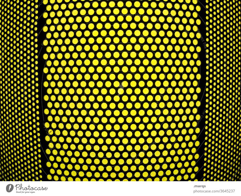Black perforated plate on yellow Plate with holes Yellow Symmetry Illustration Round Many Background picture Pattern Structures and shapes