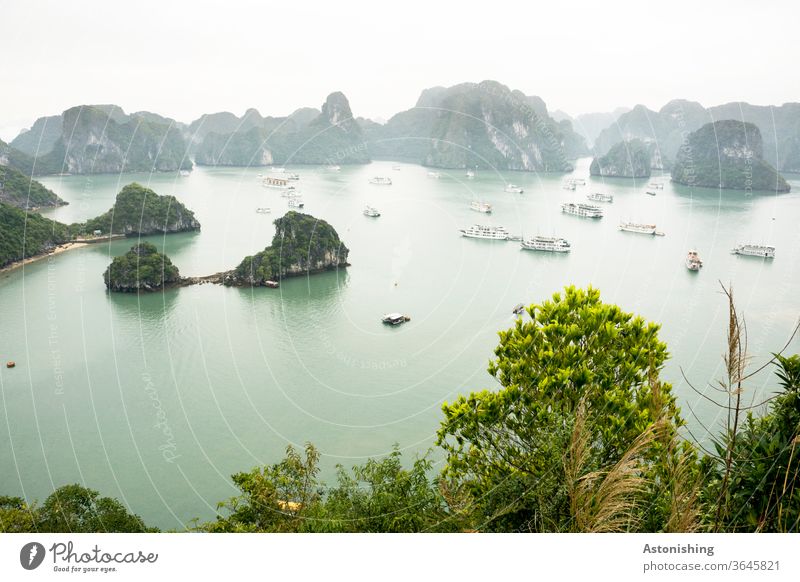 View into Ha Long Bay, Vietnam Halong bay Ti Top Vietnamese Blue Vantage point down boats wide Exterior shot Ha-Long Asia distance Waves Vacation & Travel Ocean