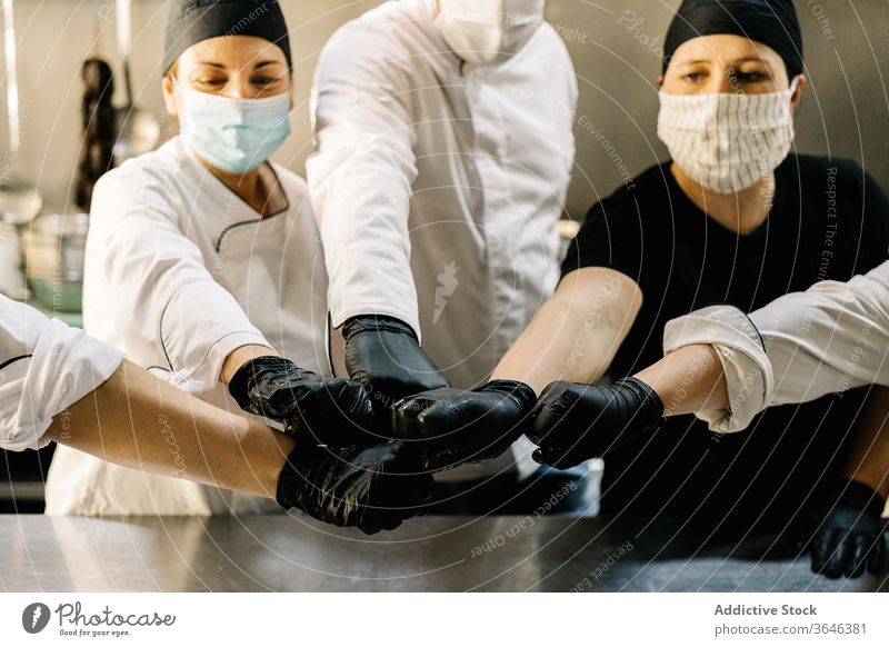 Crop kitchen staff in masks striking hands in agreement chef respirator strike hand team glove coronavirus content bargain together colleague coworker gesture