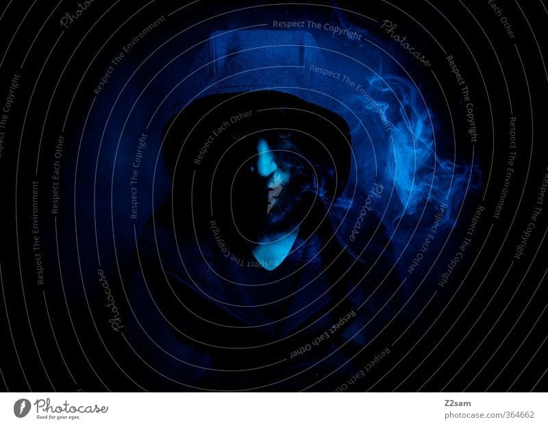 prince III Young man Youth (Young adults) 18 - 30 years Adults Coat Hooded (clothing) Smoking Aggression Dark Creepy Cold Anger Blue Power Death Dangerous