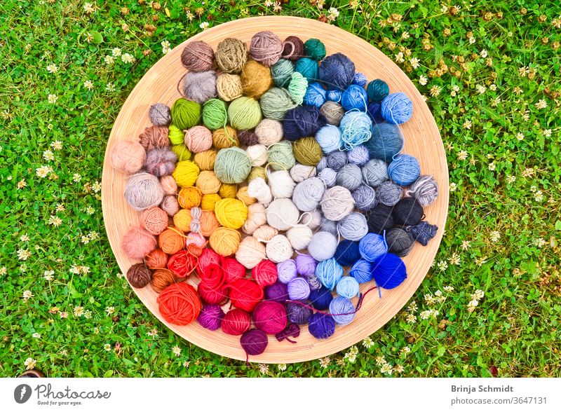 Many colorful balls of wool in a flat wooden bowl lying on the ground in the grass texture leisure pattern needlework creative textile knit work woven cotton