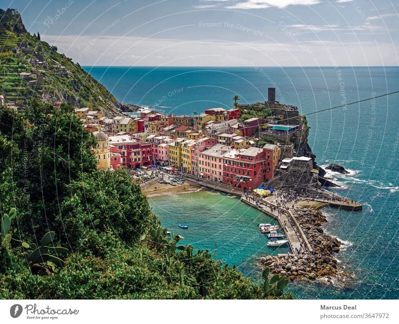 Town of Vernazza in Cinque Terre, Italy with Ligurian sea and horizon in background italy summer colourful colorful colours water mediterranean ligurian