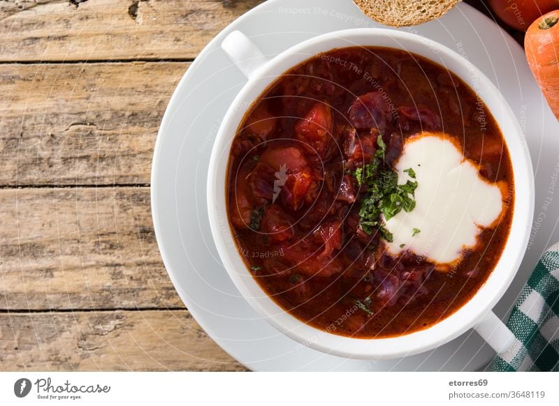 Traditional Ukrainian Russian borsch in bowl on wooden table. Top view. Copy space bacon beet beetroot borscht celebration cooked cuisine day diet dinner