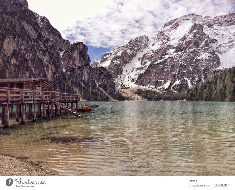Pragser Wildsee with landing stage and mountains Prags Wildsee Dolomites Lake mountain lake Mountain Nature Vacation & Travel Italy Trip Tourism South Tyrol