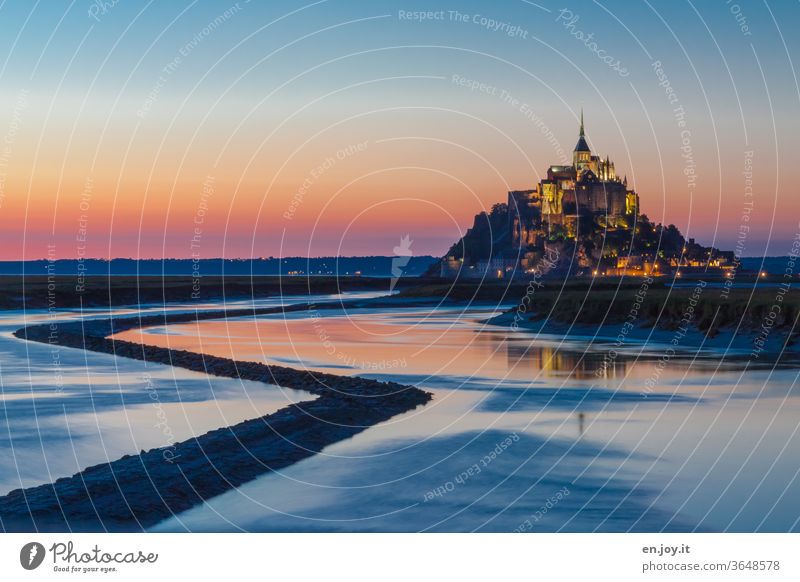 Le Mont-Saint-Michel at the blue hour France Mont St Michel Island Tourist Attraction Normandie monasteries monastery mountain Church Blue Vacation & Travel