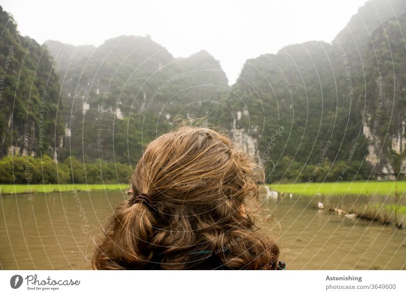 View into the mountains near Ninh Binh, Vietnam Woman hair hairstyle Landscape Back of the head look braid Hair and hairstyles Brown brunette green Nature River