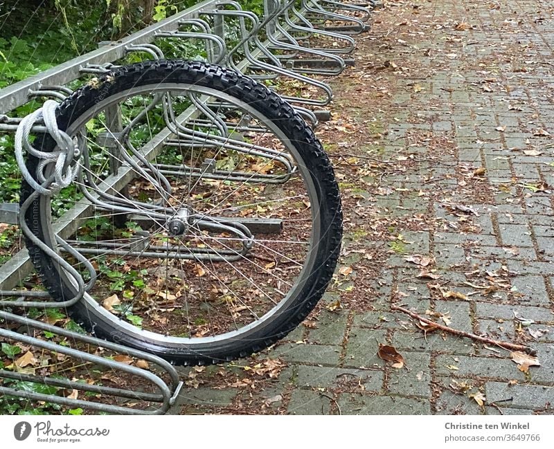 Only the front wheel of the bicycle is still properly chained in the bicycle stand. Bicycle theft Front wheel tethered Chained up Bicycle rack stolen dismounted