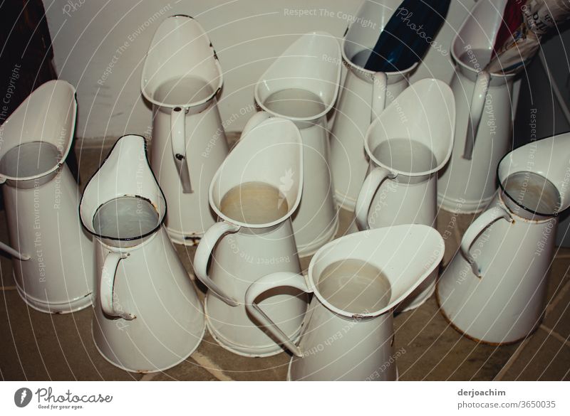 The bathing fun can begin with many old water jugs, in white. Jug Water Watering can Cast Colour photo Craft (trade) Summer White Wet Interior shot Gardening