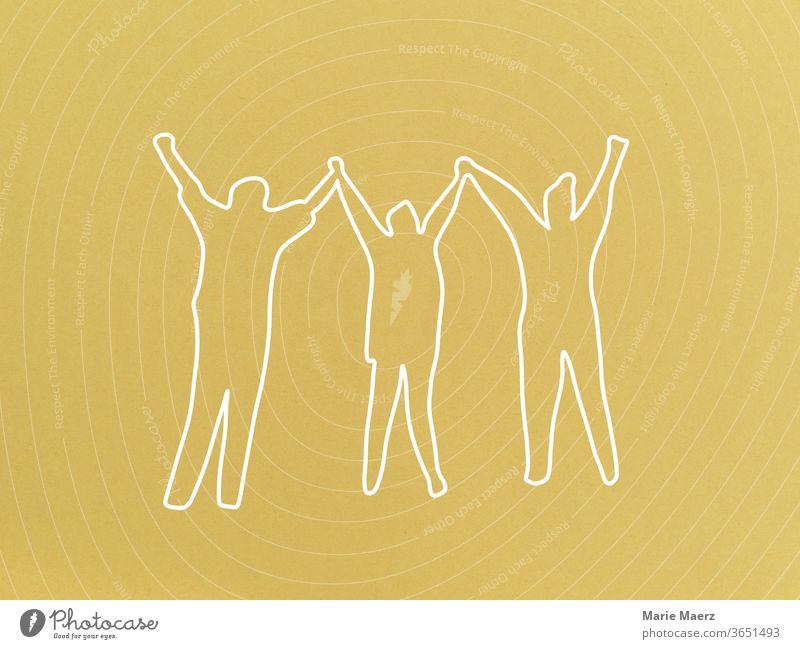 Cheering, joy, friendship: Line drawing with 3 people throwing their hands in the air together Joy Freedom Positive jubilant Success pleased luck Friendship