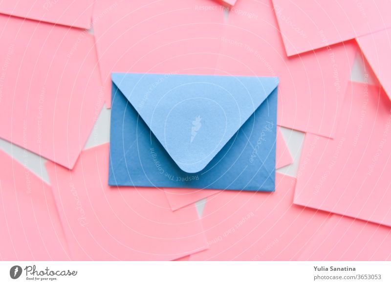 selective focus, blue envelope on the background of coral stickers pink design card love letter isolated set wedding paper art symbol celebration valentine