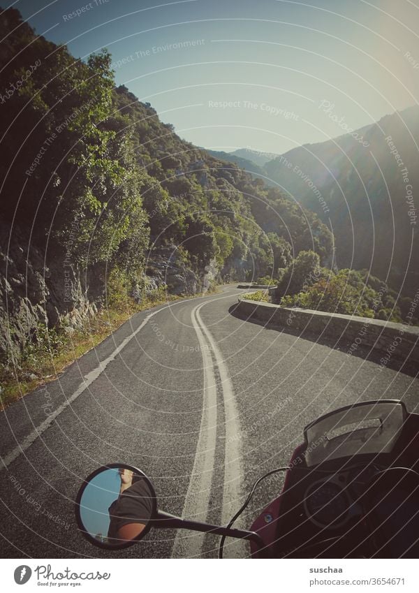 on the motorcycle somewhere in greece Motorcycling passenger in the mountains vacation holidays Vacation & Travel go away travelers Winding road Motorcycle